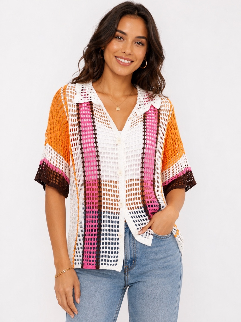 heyday White Open-Knit Button Front Blouse with Orange, Pink & Brown Stripes NWT